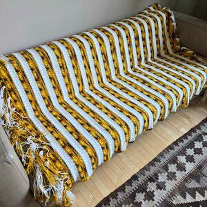 Hand Made Crochet Bohemian Yellow White throw Afghan Blanket long firnges.